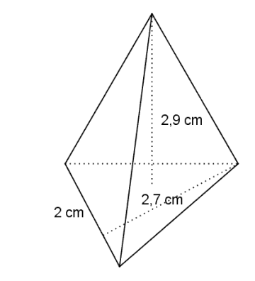 Pyramide med trekantet grunnflate. Grunnflaten har grunnline på 2cm og høyde på 2,7 cm. Høyden i pyramiden er 2,9 cm.